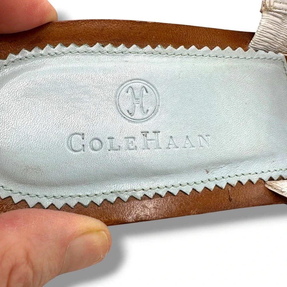 Cole Haan Womens White Leather Crystal Embellished Wedge Thong Sandals Size 8B